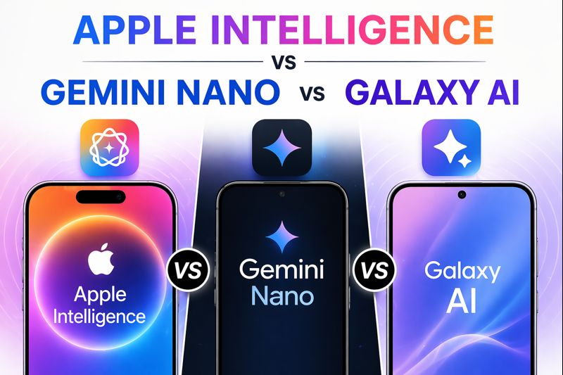 Comparison of Apple Intelligence, Gemini Nano, and Galaxy AI showing three smartphones with on-device AI features and performance