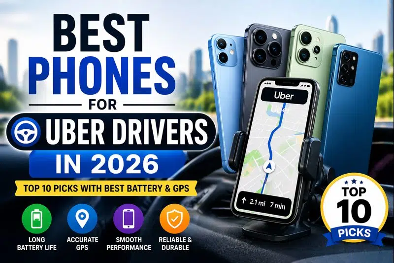Best smartphones for Uber drivers in 2026 showing navigation, car mount setup, and phones with strong battery and GPS performance