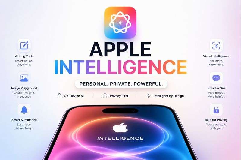 Apple Intelligence interface showing on-device AI features like writing tools, visual intelligence, and smart summaries on iPhone