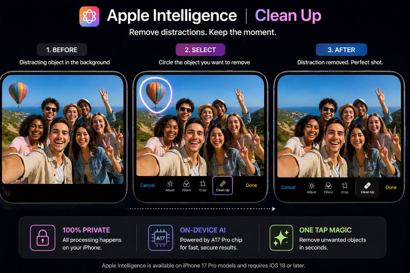 Apple Intelligence Clean Up tool removing background distraction from a group selfie on iPhone 17 using AI photo editing