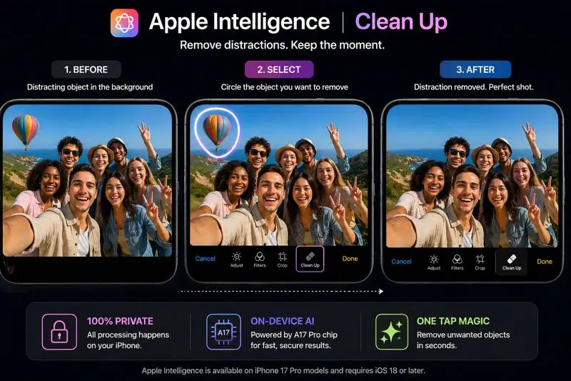 Apple Intelligence Clean Up tool removing background distraction from a group selfie on iPhone 17 using AI photo editing