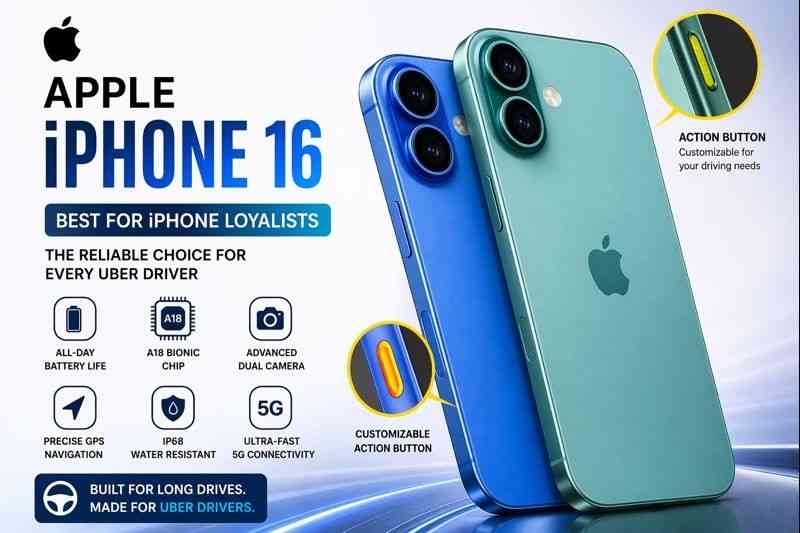 Apple iPhone 16 best smartphone for Uber drivers 2026 with smooth performance and reliable GPS