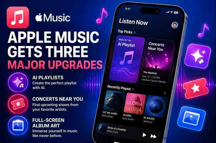Apple Music new features in iOS 26.4 showing AI playlists, concerts near you, and immersive album experience on iPhone