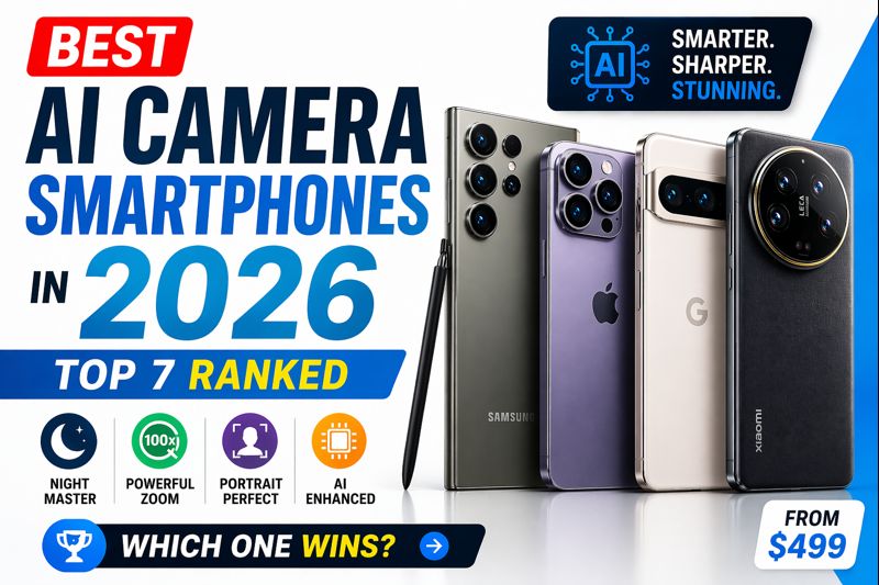 Best AI camera smartphones 2026 comparison showing Samsung Galaxy S26 Ultra, iPhone 17 Pro Max, Pixel 10 Pro with night, zoom and portrait features