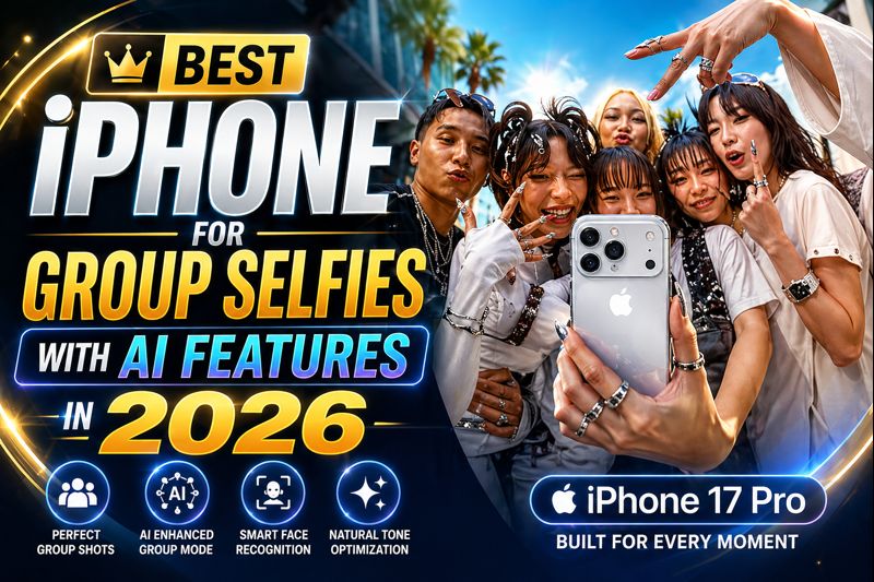 iPhone 17 Pro group selfie showing AI features like auto framing, smart face detection and ultra wide group photography in 2026