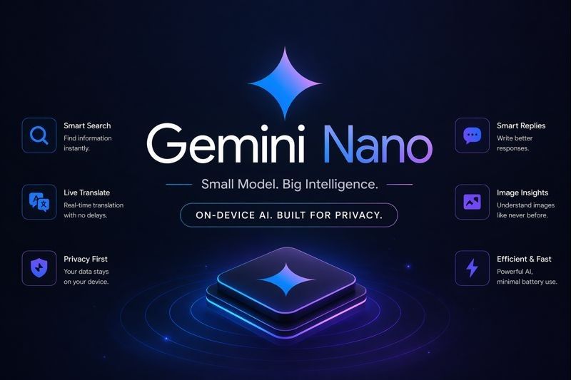 Gemini Nano AI interface showing on-device artificial intelligence features with privacy-focused design