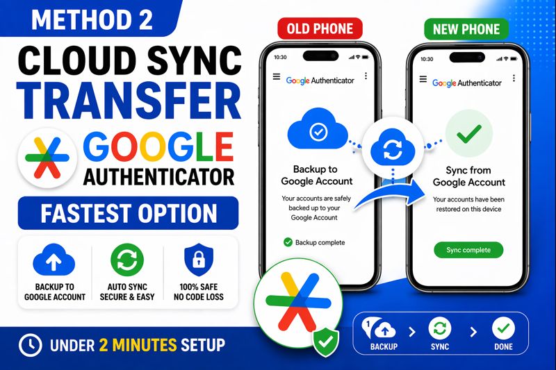 Transfer Google Authenticator to a new phone using cloud sync with Google account showing backup and restore process