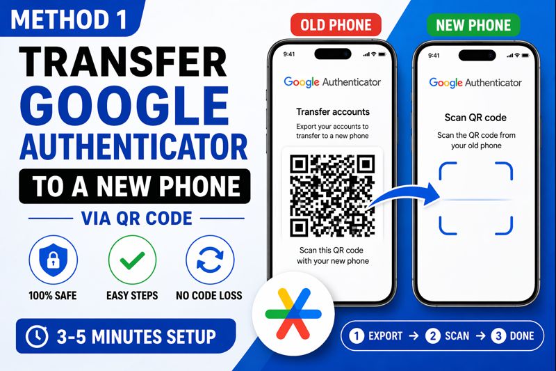 Transfer Google Authenticator to a new phone using QR code from old phone showing step by step manual transfer method