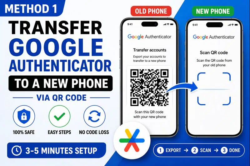 Transfer Google Authenticator to a new phone using QR code from old phone showing step by step manual transfer method
