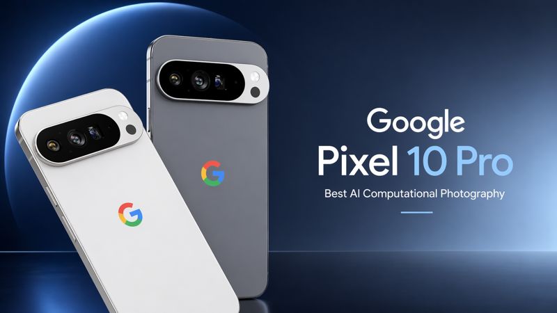 Google Pixel 10 Pro clean promotional image highlighting advanced AI computational photography camera system