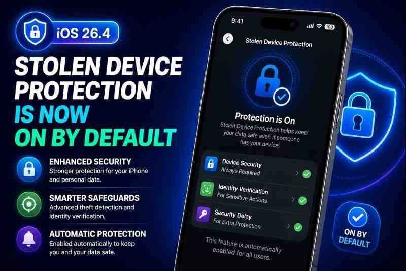 iOS 26.4 stolen device protection feature showing enhanced iPhone security with automatic protection enabled by default