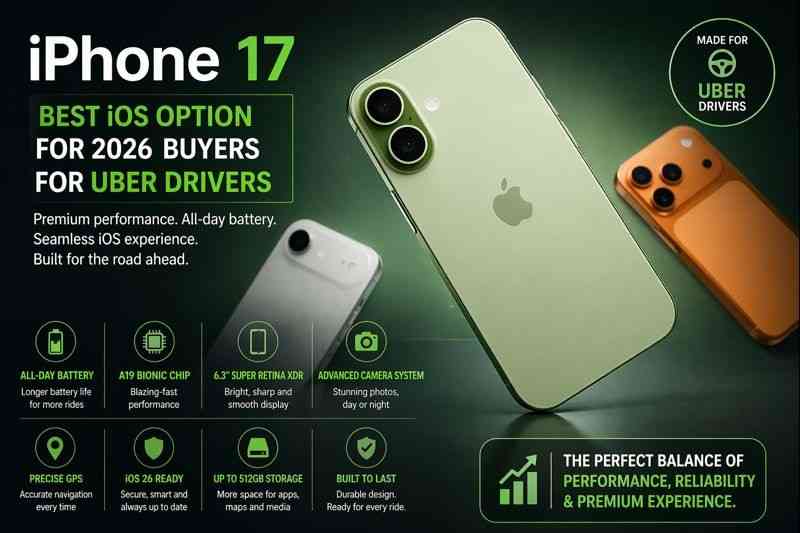 Apple iPhone 17 best iOS smartphone for Uber drivers 2026 with smooth performance and reliable GPS
