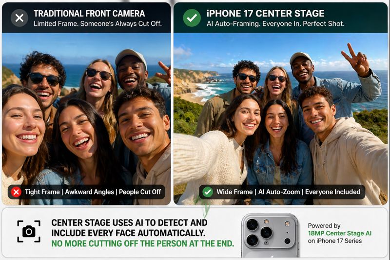 iPhone 17 Center Stage group selfie comparison showing AI auto framing vs traditional front camera with cropped faces