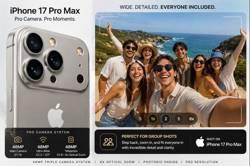 iPhone 17 Pro Max triple 48MP rear camera system used for wide group photography showing ultra wide field of view