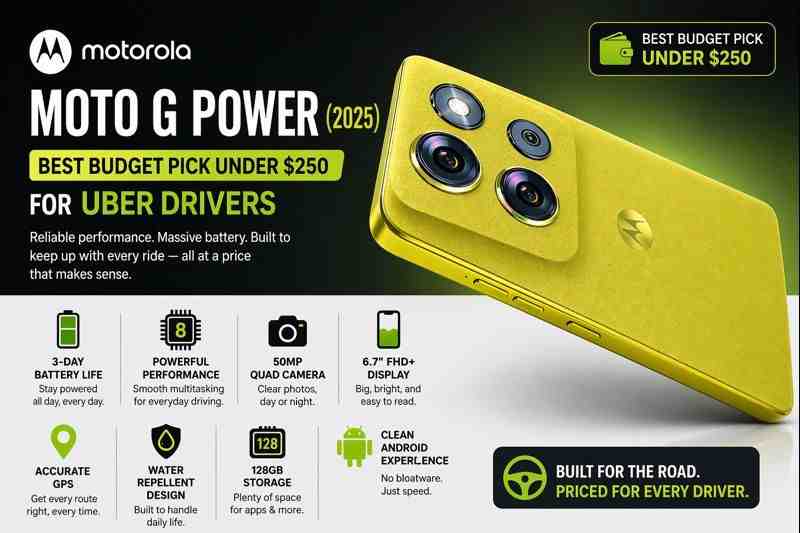 Motorola Moto G Power 2025 best budget smartphone for Uber drivers under $250 with long battery life