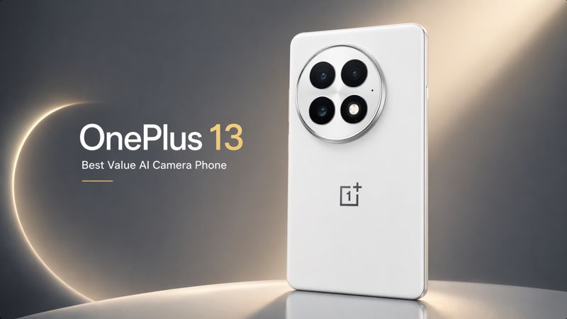 OnePlus 13 clean promotional image showcasing AI camera system and premium minimal smartphone design