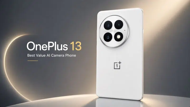 OnePlus 13 clean promotional image showcasing AI camera system and premium minimal smartphone design