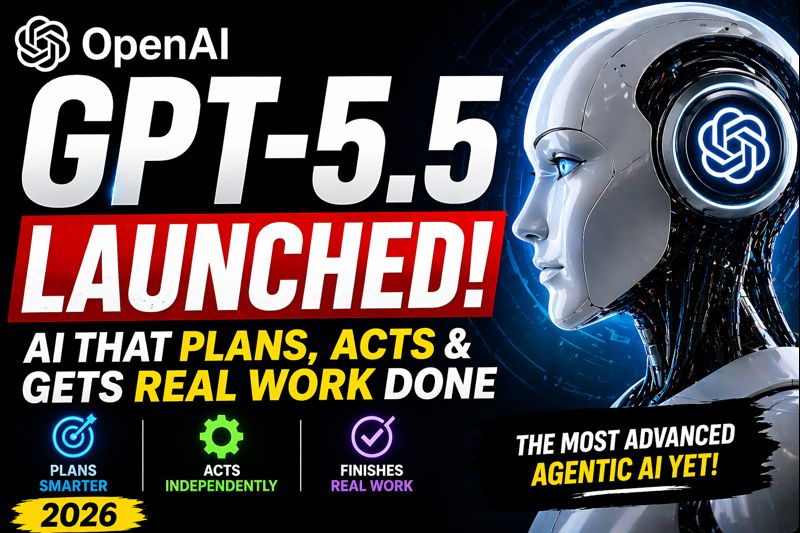 GPT-5.5 AI thumbnail showing OpenAI advanced AI model that plans, acts and completes real-world tasks with agentic intelligence