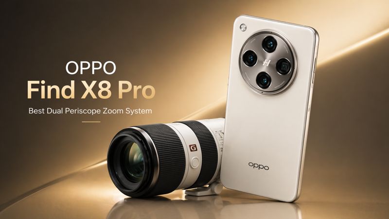 Oppo Find X8 Pro clean promotional image showcasing dual periscope zoom camera system and premium design