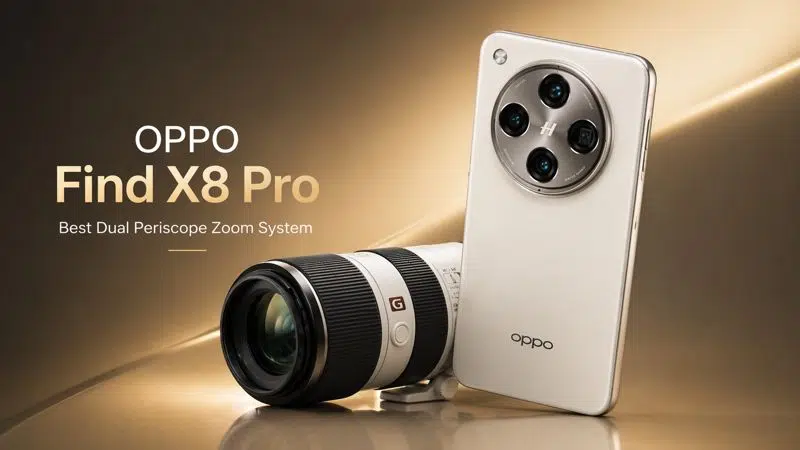 Oppo Find X8 Pro clean promotional image showcasing dual periscope zoom camera system and premium design