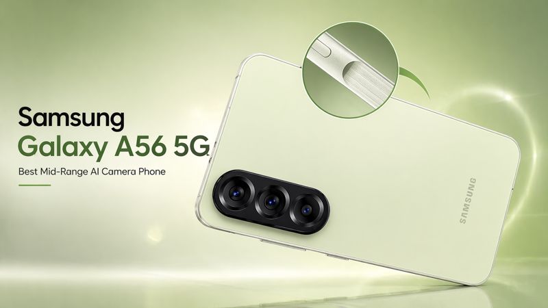Samsung Galaxy A56 5G clean promotional image showcasing mid-range AI camera system and sleek modern design
