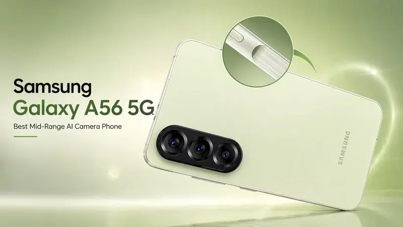 Samsung Galaxy A56 5G clean promotional image showcasing mid-range AI camera system and sleek modern design