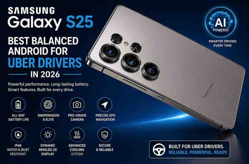 Samsung Galaxy S25 best balanced Android phone for Uber drivers 2026 with strong performance and battery