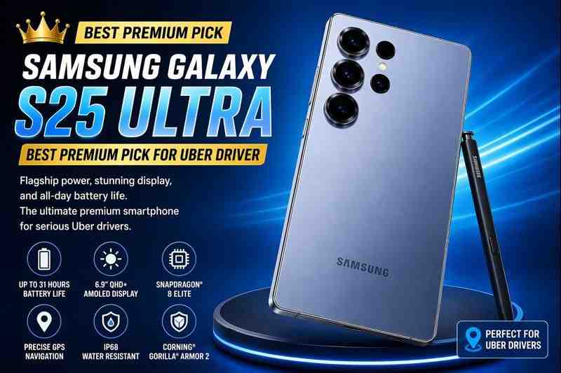 Samsung Galaxy S25 Ultra best premium smartphone for Uber drivers 2026 with long battery life and bright display