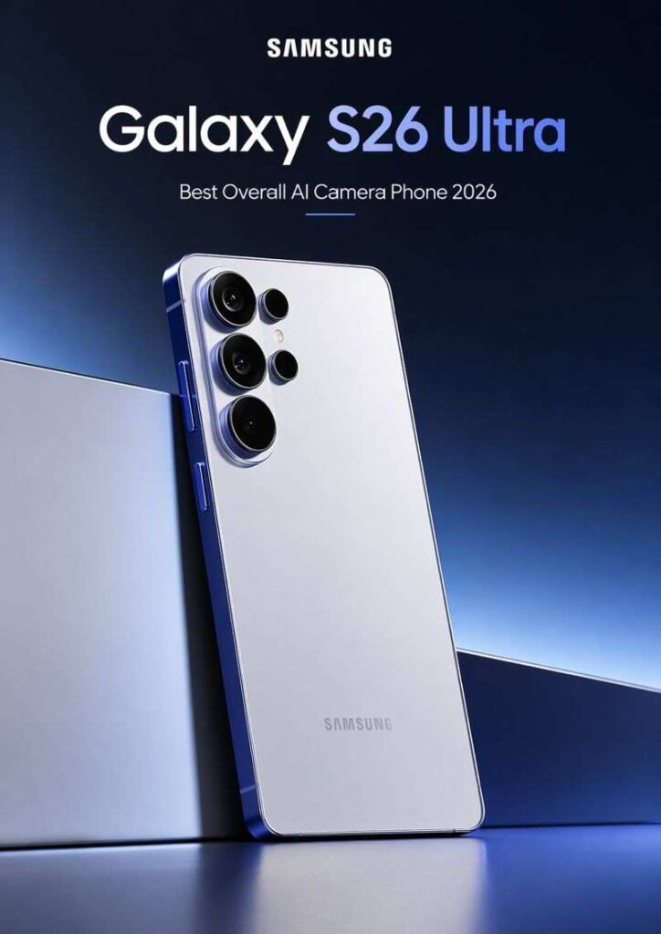 Samsung Galaxy S26 Ultra clean promotional image showing premium design and advanced AI camera setup in 2026