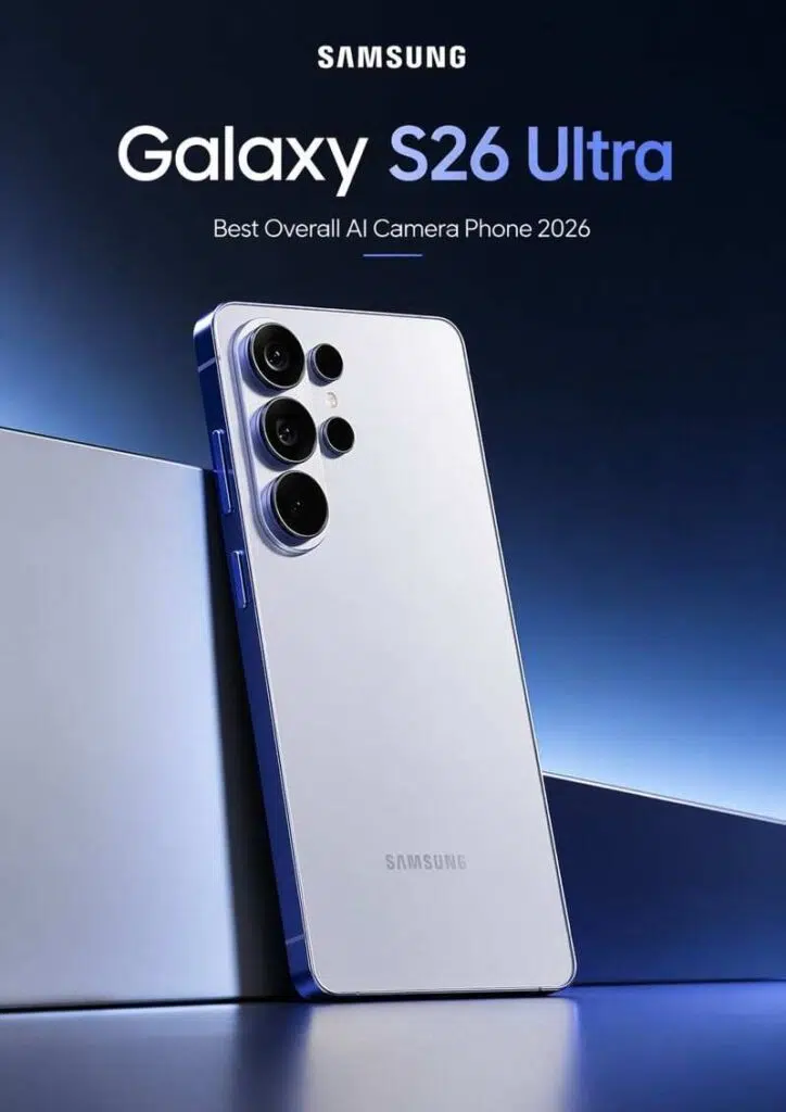 Samsung Galaxy S26 Ultra clean promotional image showing premium design and advanced AI camera setup in 2026