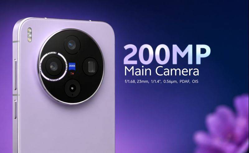Vivo X300s 200MP main camera close-up showing large circular ZEISS camera module and premium design