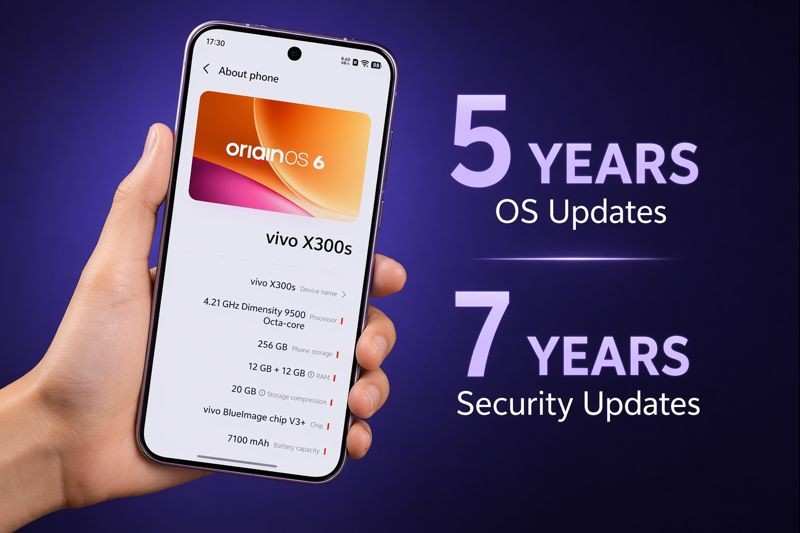 Vivo X300s software screen showing OriginOS 6 with 5 years OS updates and 7 years security updates