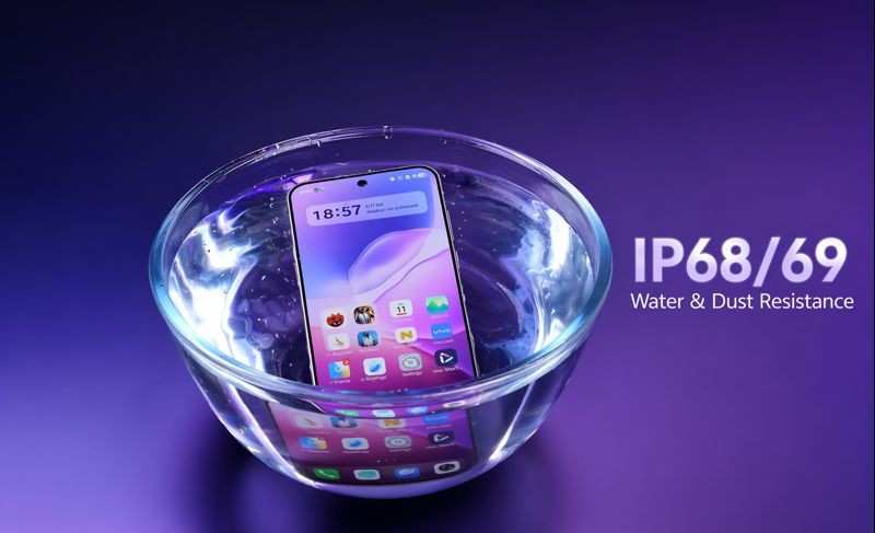 Vivo X300s submerged in water bowl showing IP68 IP69 water and dust resistance durability test