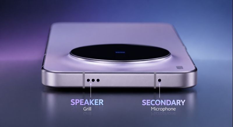 Vivo X300s bottom view showing speaker grill and secondary microphone with premium metal frame and camera module