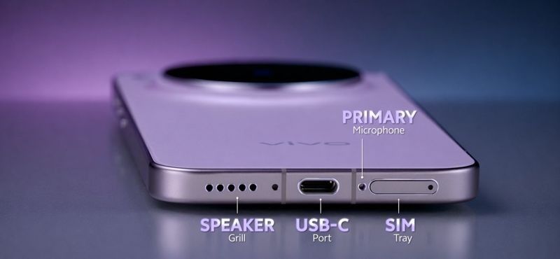Vivo X300s bottom view showing USB-C port, speaker grill, SIM tray, and primary microphone in premium metal frame