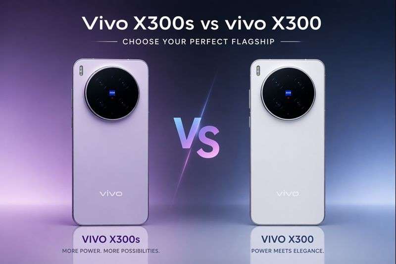 Vivo X300s vs Vivo X300 comparison image showing two smartphones side by side with circular camera design and gradient background
