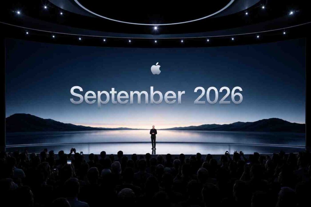 Premium Apple-style launch event stage with dramatic blue lighting and a giant curved screen displaying September 2026.