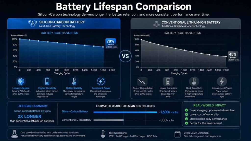Scientific infographic comparing silicon-carbon and lithium-ion battery degradation over time using side-by-side battery health charts, charging cycle graphs, and lifespan performance statistics.