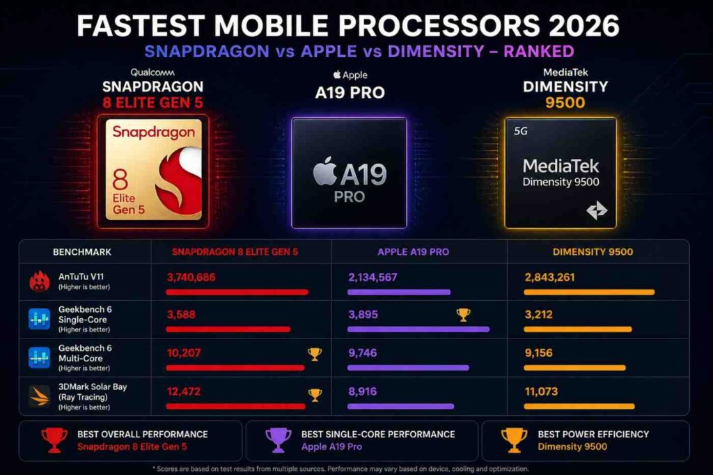 Fastest mobile processors 2026 comparison – Snapdragon 8 Elite Gen 5 vs Apple A19 Pro vs MediaTek Dimensity 9500 benchmark ranking