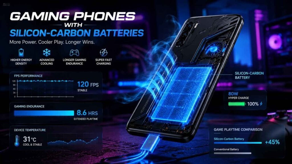 Cinematic gaming smartphone render featuring a futuristic gaming phone with glowing silicon-carbon battery overlays, cooling fan visualization, FPS performance graphs, and charging indicators in a neon gaming setup.