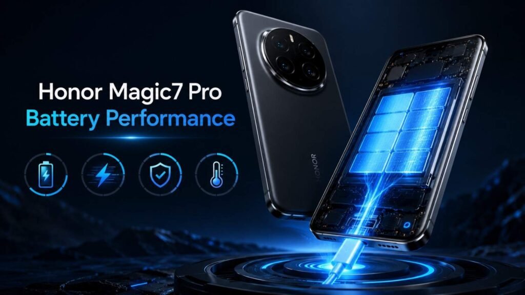 High-end render of the Honor Magic7 Pro smartphone floating in a futuristic dark studio environment with glowing battery visualization, charging energy effects, and a premium camera module design.