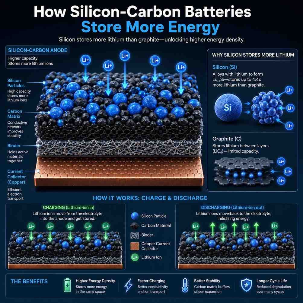 Technical infographic illustrating how silicon-carbon batteries store more energy than traditional graphite batteries. The diagram shows silicon particles, carbon structures, lithium-ion movement arrows, layered battery materials, and charging/discharging processes in a clean educational layout.