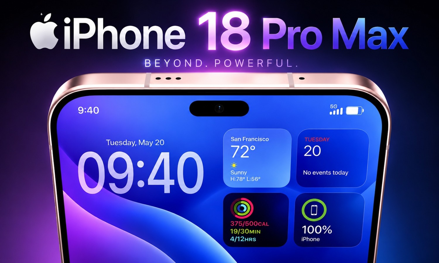 Premium iPhone 18 Pro Max concept image with glowing purple-blue background and futuristic Apple-inspired UI widgets.