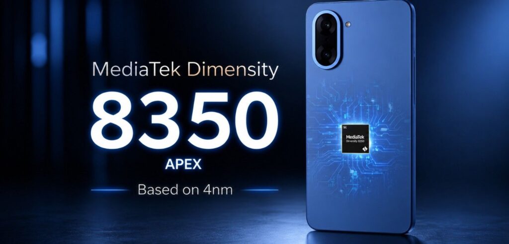 MediaTek Dimensity 8350 Apex chipset promotional image with premium smartphone render and 4nm architecture highlight