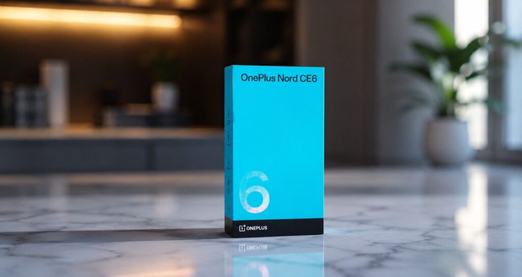 OnePlus Nord CE6 retail box with premium cinematic background and reflective marble surface