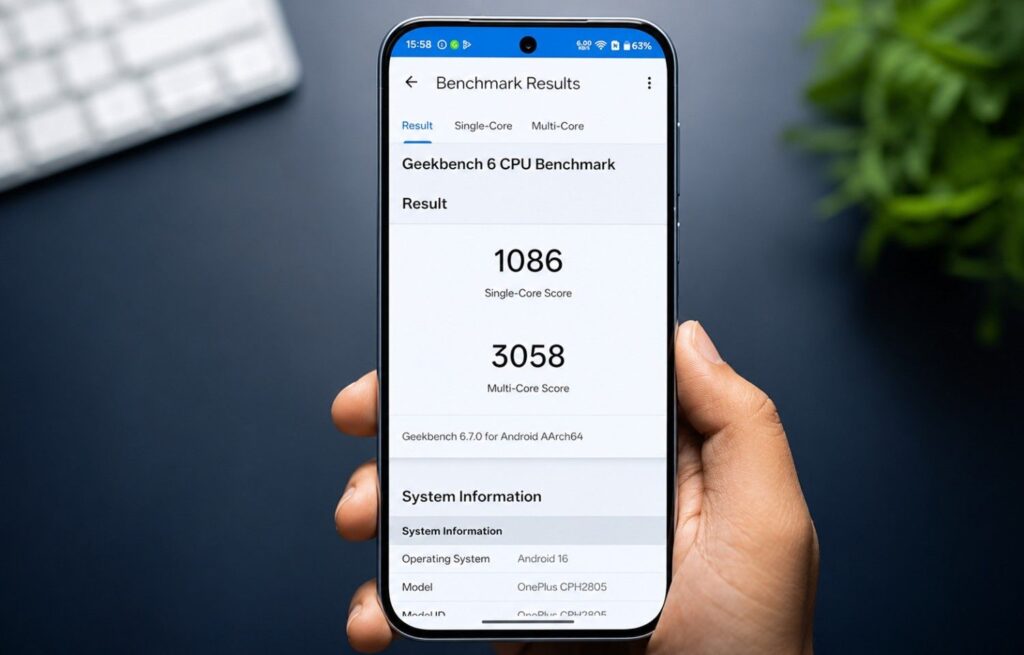 OnePlus Nord CE6 showing Geekbench 6 benchmark scores on smartphone display