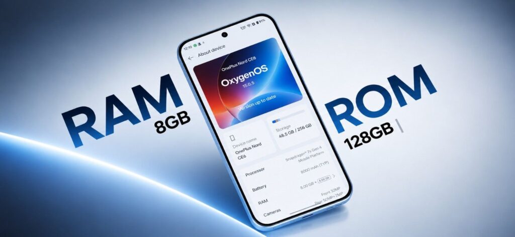 OnePlus Nord CE6 displaying RAM and ROM storage specifications on OxygenOS settings screen