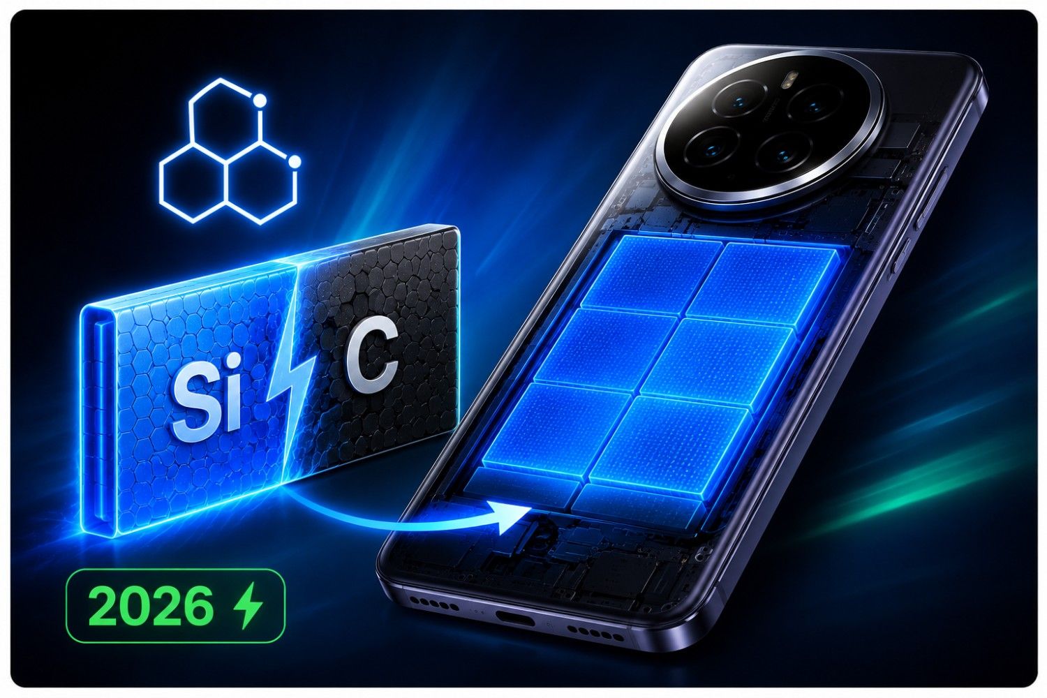 Ultra-clean futuristic thumbnail showing a premium smartphone with glowing silicon-carbon battery visualization, neon blue energy effects, and minimal 2026 tech branding in a cinematic dark background.