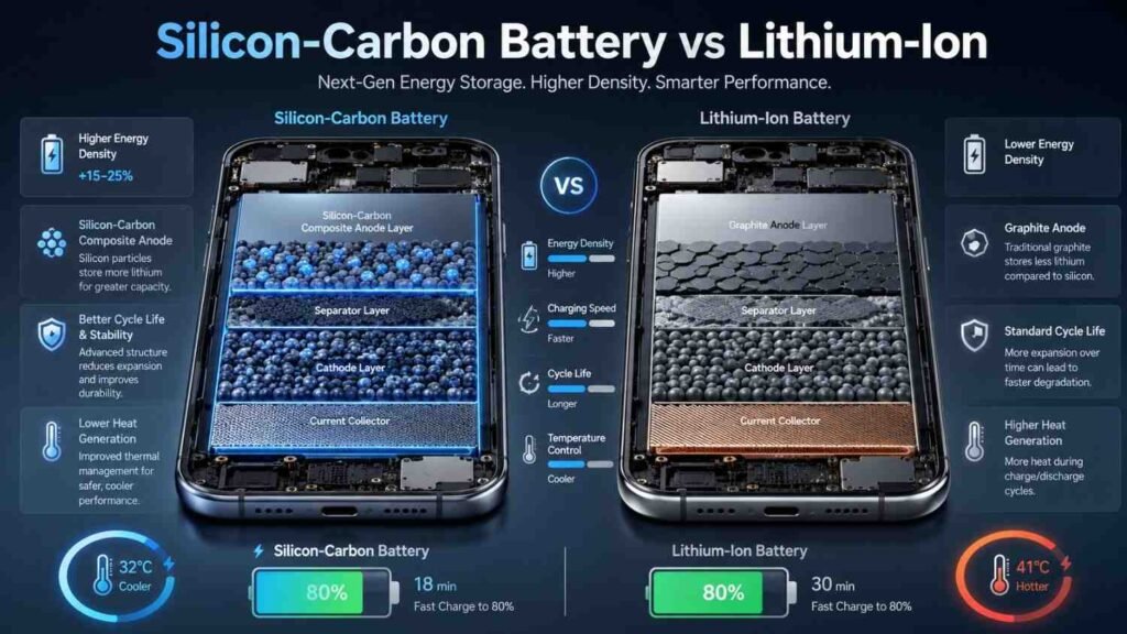Premium editorial-style infographic comparing a silicon-carbon smartphone battery with a traditional lithium-ion battery in a side-by-side cross-sectional view. The illustration highlights internal battery layers, silicon particles, charging efficiency, thermal performance, and energy density using futuristic blue and silver lighting.