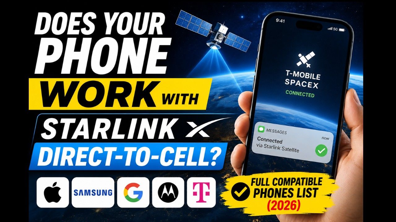 Smartphone connected to Starlink Direct-to-Cell satellite service showing compatible iPhone, Samsung, Pixel, and Motorola devices in 2026.